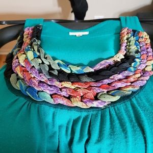 Turquoise Dress with Multi-Colored Woven Neckline